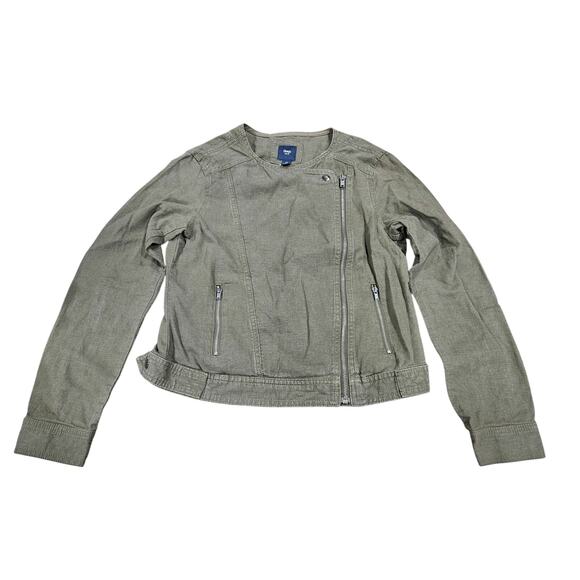 Gap Jacket Womens Olive Green Linen Blend Moto Cropped Zip Asymmetrical Small S - Picture 1 of 6
